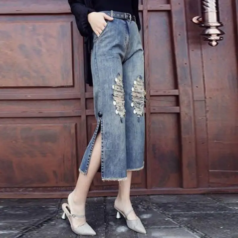 

Wide Leg Pants For Women's Spring And Autumn 2023 New Fashion Jeans With Holes And Loose Fitting Straight Leg Pants Capris