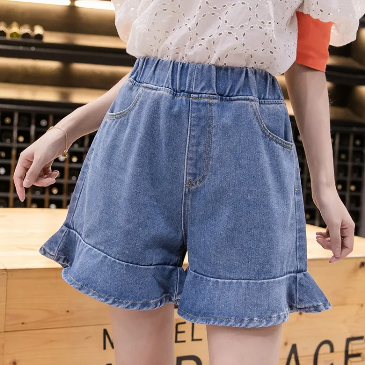High Waist Ruffle Denim Shorts 2021 Women Casual A-Line Flared Raw Hem Short Fashion New Style Zipper Frayed Short Jeans Blue