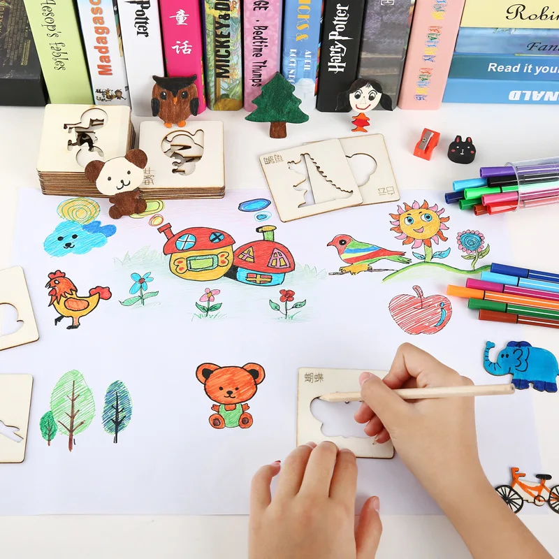 

48/56/60pcs Montessori DIY Drawing Toy Child Puzzle Early Educational Kit Painting Wooden Template Paper Stencils Storage Box