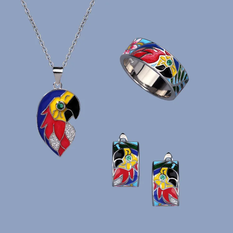 

Fashion Enamel Jewelry Set Bohemia Cute Lovely Parrot Ring Earring Necklace Pendant Unique Vintage Party Jewelry for Women