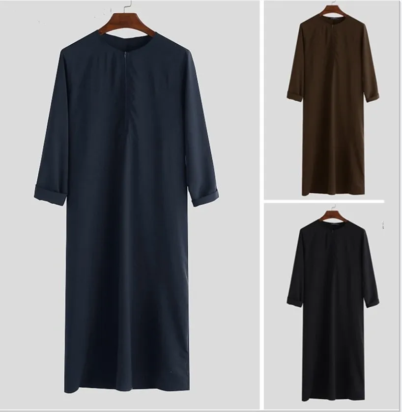 2022 New Islamic Arabic Muslim Kaftan Men Dress Cotton Long Sleeve Loose Abaya Robes Saudi Arabia Dubai Jubba Thobe Mens Clothes