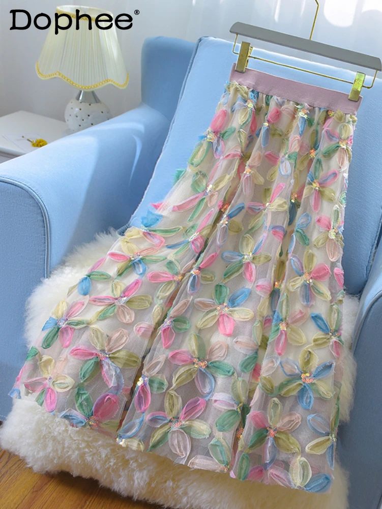 

Exquisite Embroidery Floral Skirts for Women Summer New French Style High Waist A- Line Big Flower Faldas Mujer Moda 2022