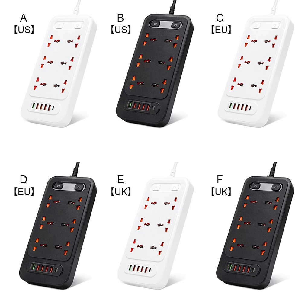 

Universal 6-way Power Outlet Strip Fast Charging Portable Multifunctional Electrical Socket School Apartment US Plug Black