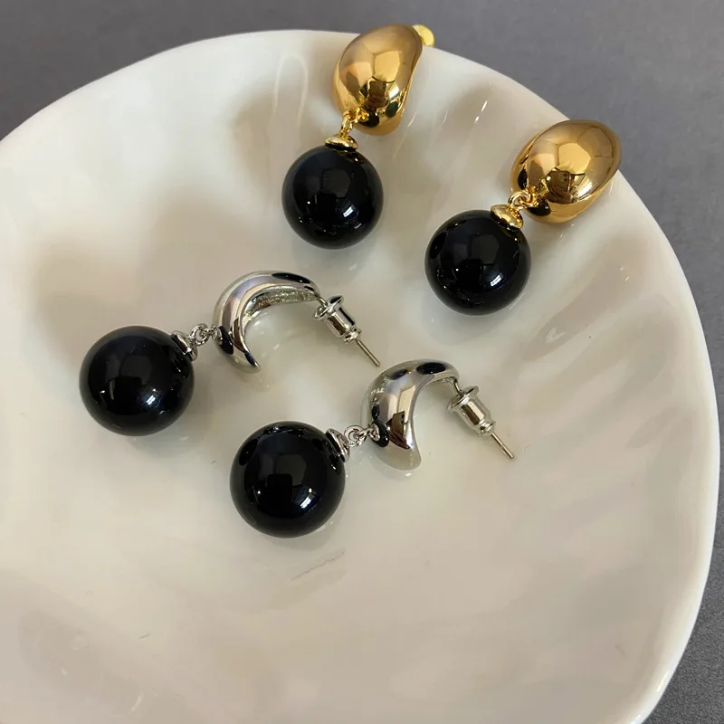 

Brass Natural Black Onyx Ball Drope Earrings French Vintage Glossy Round Chic Style Fashion Niche INS