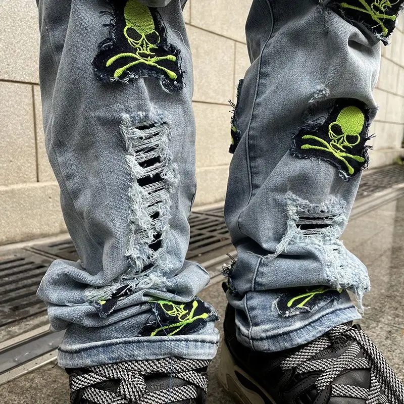 Джинсы мужские и женские прямые в американском стиле облегающие брюки с вышивкой