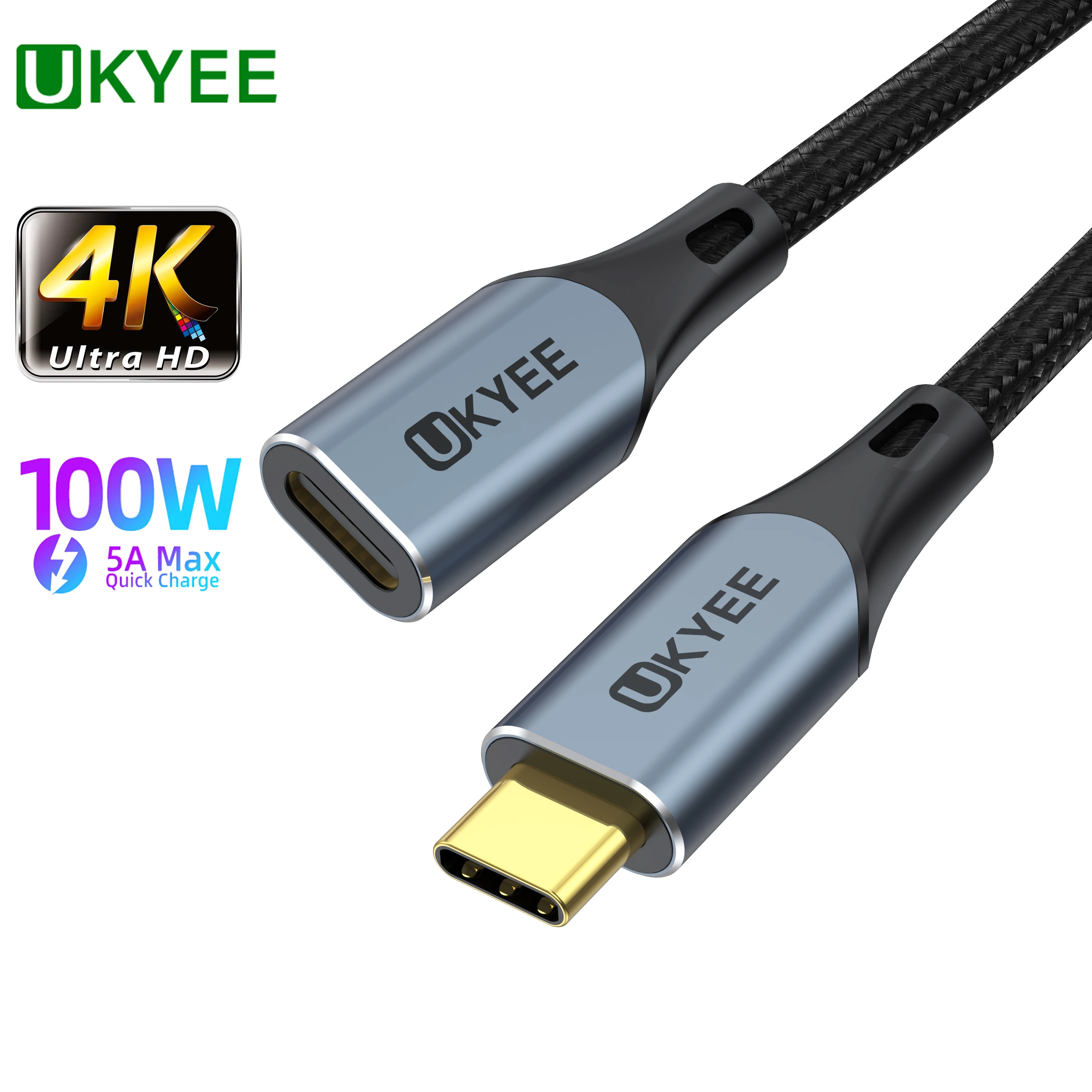 

Удлинительный кабель UKYEE 4K @ 60 Гц USB C 100 Вт в нейлоновой оплетке USB 3.1 Type C для быстрой зарядки ноутбука