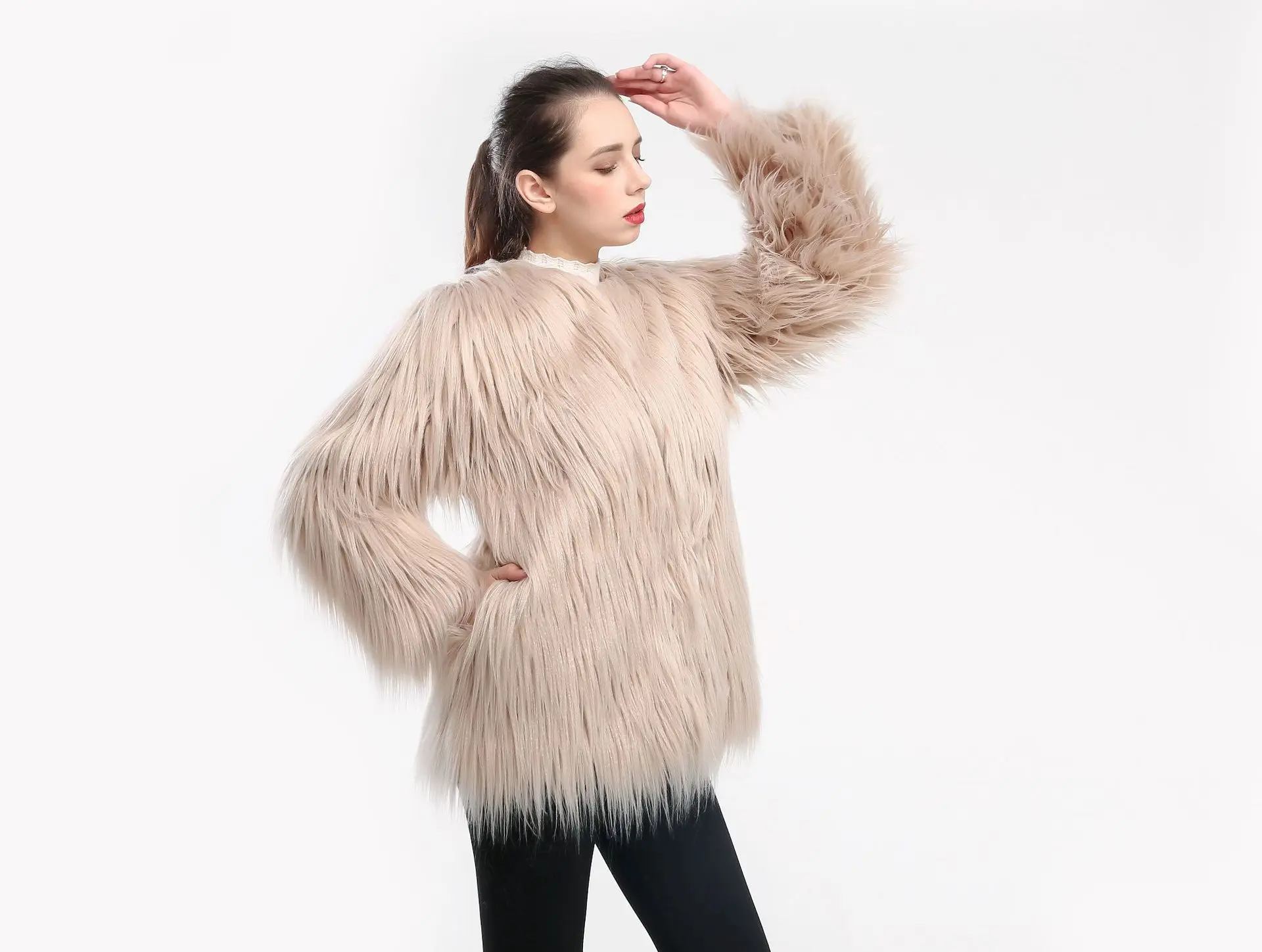 Women's Leather Fur Coat Long Wool Faux Fur Coat Washed Wool Long Jacket Faux Fur Coat