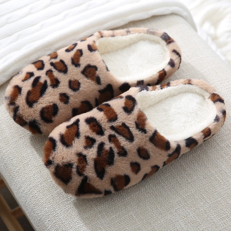 

Women Home Slippers With Faux Fur Flats Heel Winter Shoes Keep Warm Shoes For Woman Leopard Print Basic Chaussure Femme 36-45