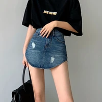 harajuku aesthetic bodycon inner short jeans women high waist tight denim skirt sexy street ripped irregular clothing hotpants