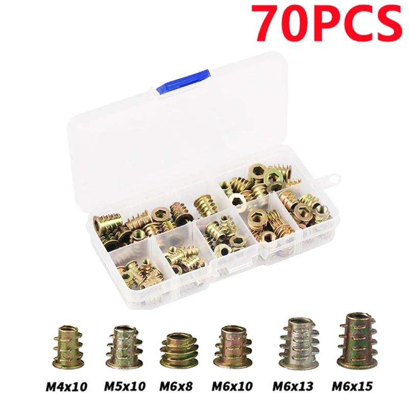 

70 PCS Assortment Insert Nuts Kits, M4/M5/M6 Zinc Alloy Thread for Wood, Socket Head Furniture Nuts, Hex Drive Head Nut with Box