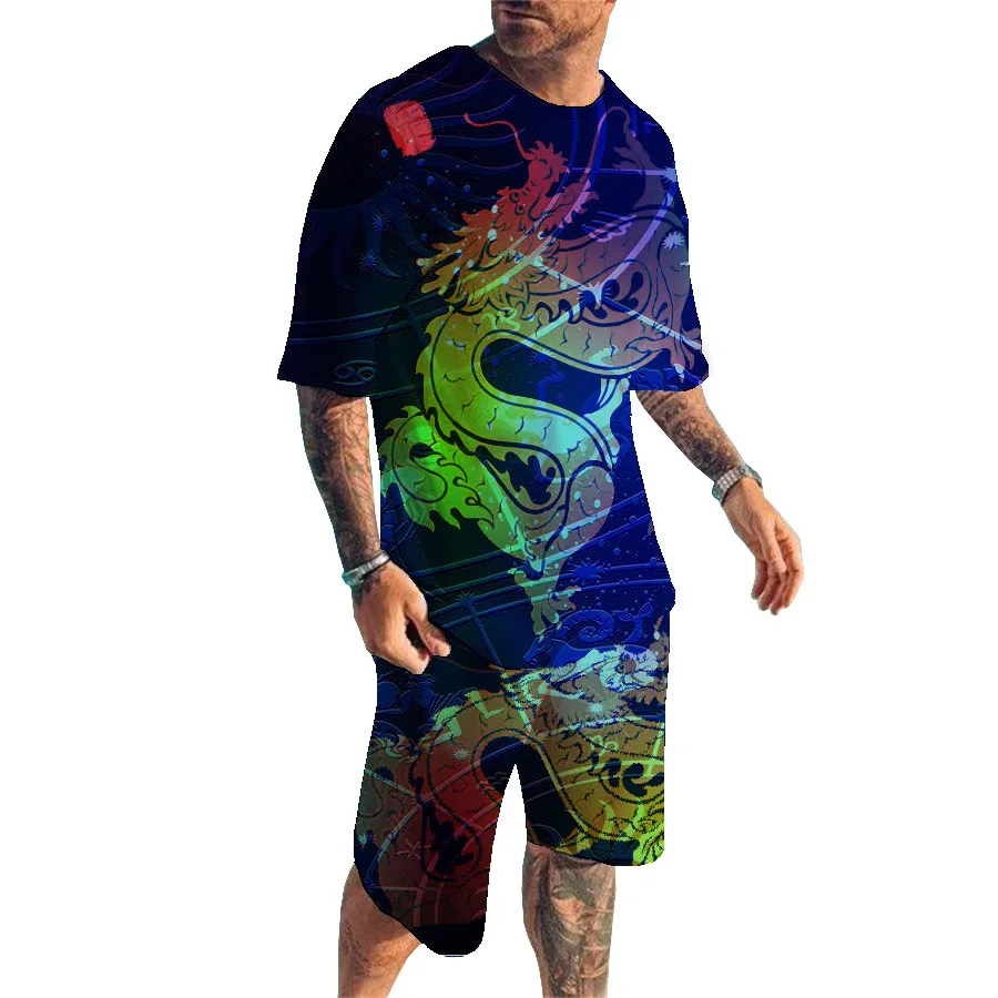 

2022New Large Size,Dragon Pattern3D Print Pocket Pants, Men's T-shirt, Round Neck Short Sleeve Set, Daily Casual Shirt