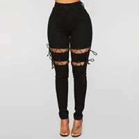 ladies summer new street high waist hole sexy personality corns cross straps small feet jeans foreign trade hot pants