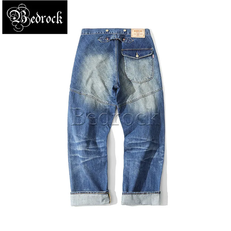 MBBCAR 14.5oz high quality heavy one wash selvedge denim jeans men distressed alternative design loose straight cargo pants 7362