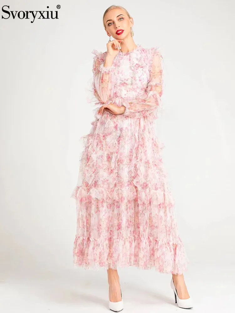 

Svoryxiu Women's New Summer Sexy party Mesh Flower Print Maxi Dress Transparent Long Sleeves Ruffles Long Dresses Vestdios XXL