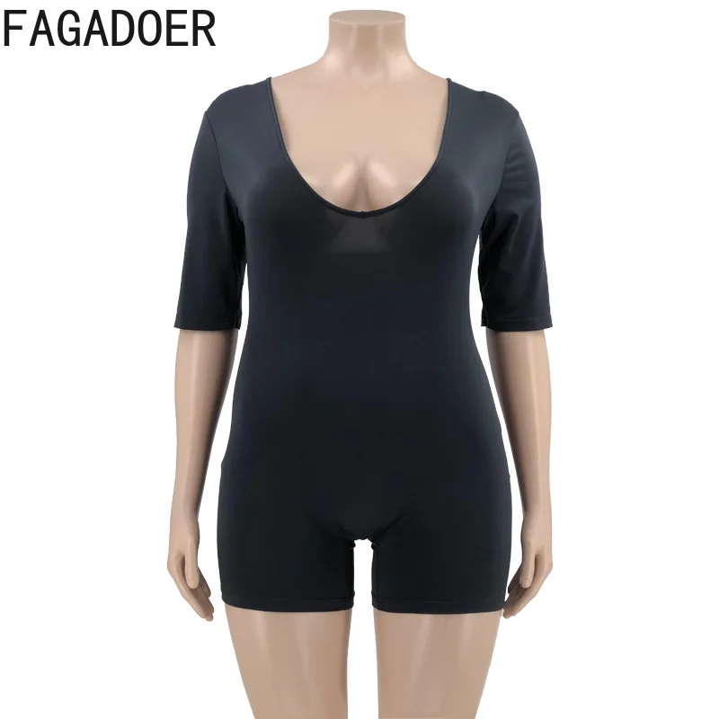 FAGADOER Summer Playsuit Women Short Sleeve Romper Black Sexy Bodycon One Piece Jumpsuits XL-5XL V Neck Solid Club Clothing