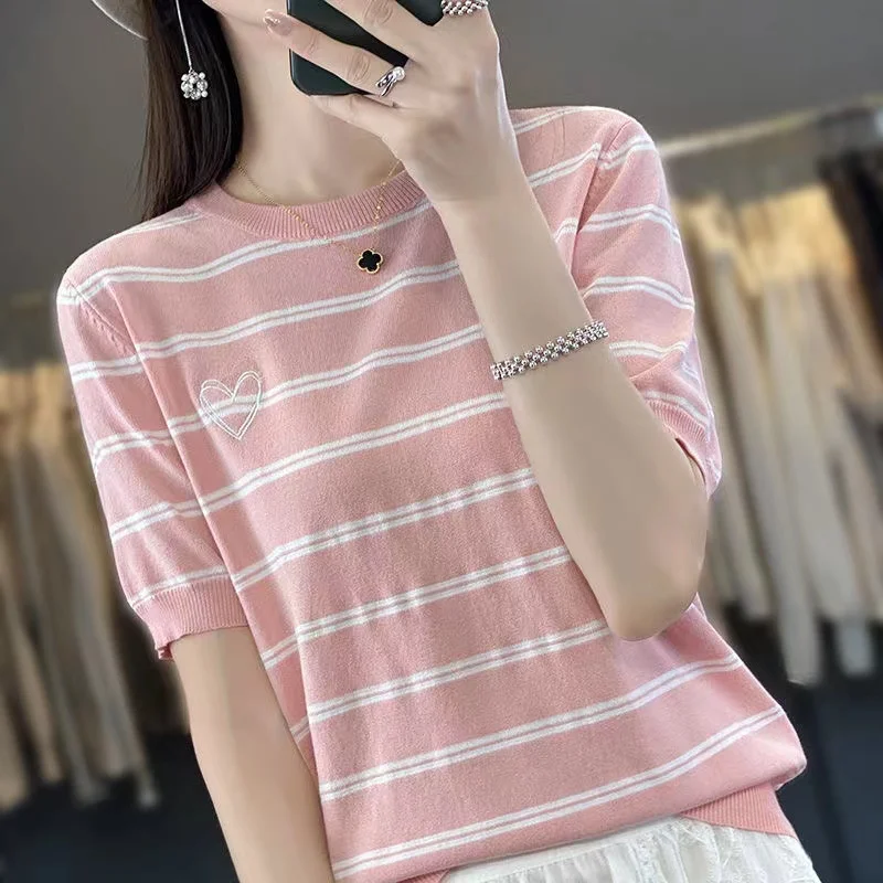 Новая летняя футболка из ледяного шелка в черную полоску с короткими рукавами и