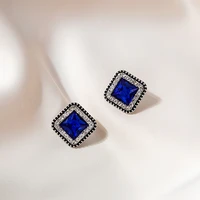 925 silver needle blue crystal geometric square earrings micro inlaid zircon full diamond lace earrings stud earrings jewelry