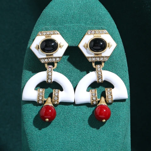 LOVE GREEN LIVE GREEN Серьги-капельки из меди с черным агатом и белой эмалью