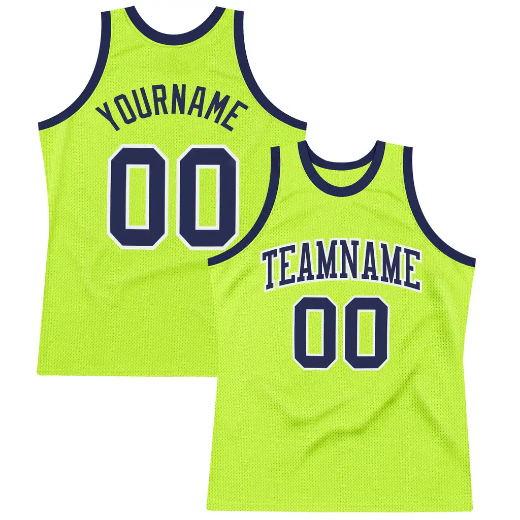 

Custom Neon Green Navy-White Authentic Throwback Basketball Team Shirts Designs