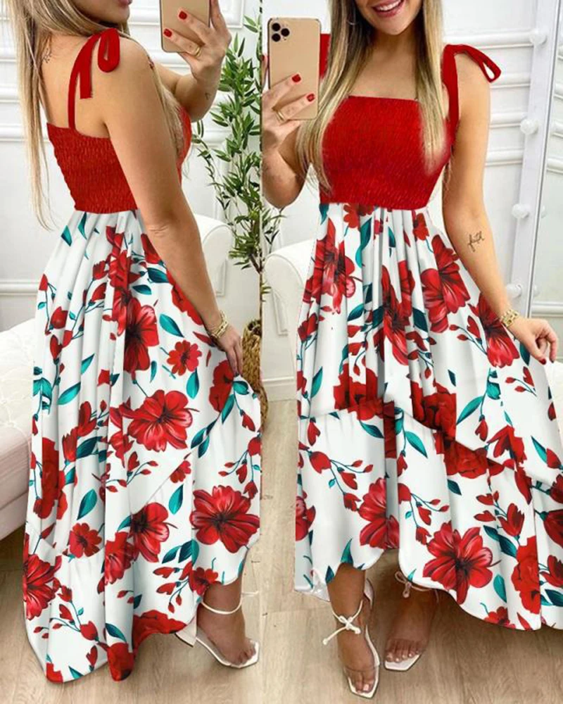 

2023 Summer Sexy Spaghetti Strap Floral Print Maxi Dress For Women Casual Elegant Chest Wrap Long Woman Irregular Beach Dress