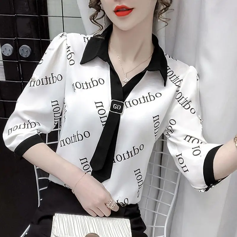 Printed Chic Necktie Chiffon Shirt for Women Summer Office Lady 3/4 Sleeve Blouses Urban Fashion Elegant Simple All-match Tops