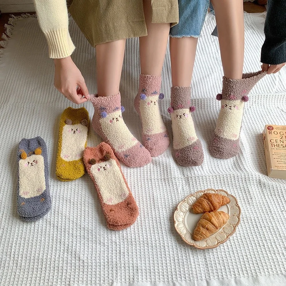5 Pairs New Cute Hedgehog Coral Fleece Sleeping Floor Socks Three-dimensional Embroidery Cartoon Furry Sweet Beauty Women Socks