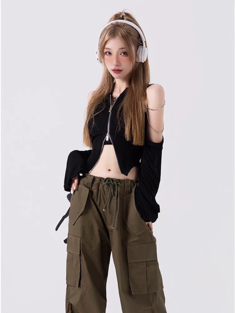 

Hikigawa Chic Fashion Women Streetwear Black Cropped Cool Zipper Camisole Summer Pure Y2k Sexy Off Shoulder Tank Top Ropa Mujer