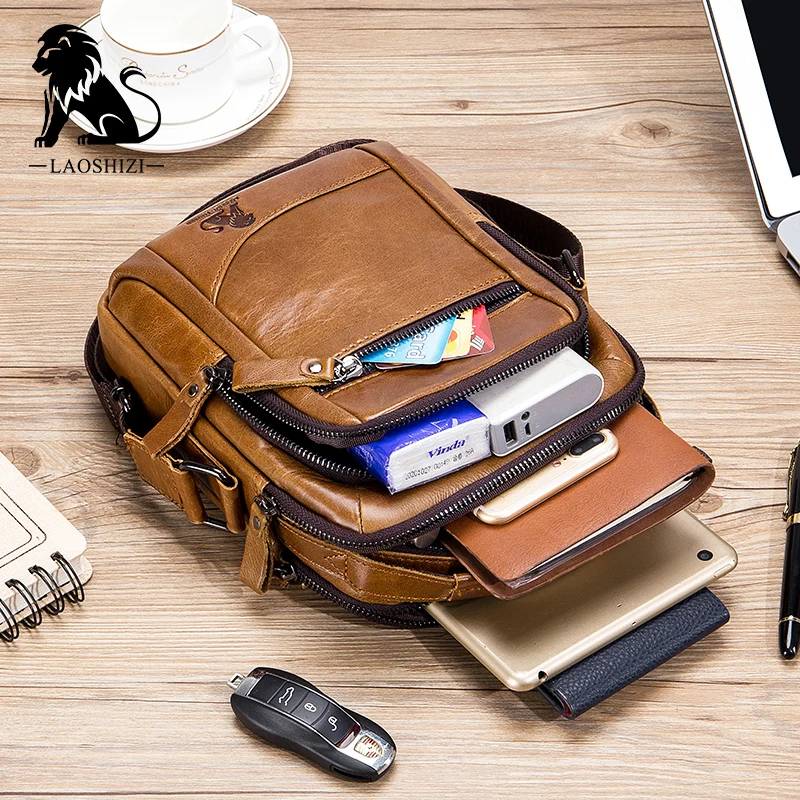 Bolso bandolera de piel auténtica para hombre, bandolera pequeña Vintage de cuero de vaca, informal