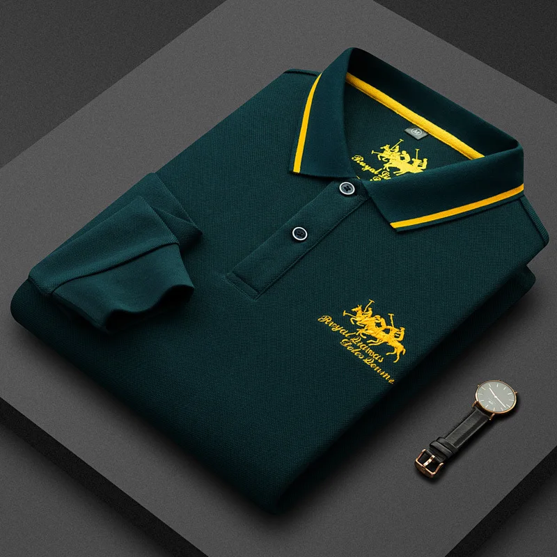 

Trendy Embroidered Men's Clothing Men's Long Sleeve Polo Shirt Business Formal Cotton Solid Color Lapel Loose Oversized T-shirt