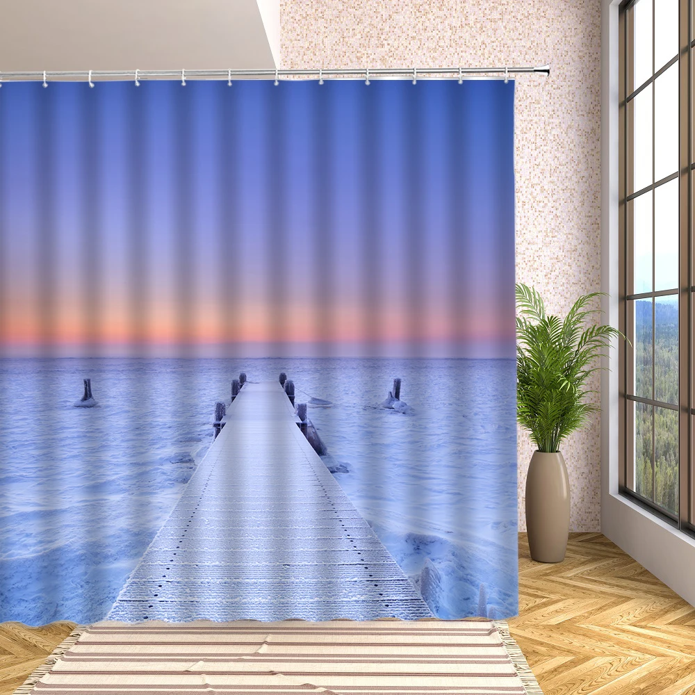 

Seascape Seaside Banister Shower Curtain Clouds Beige Foggy Morning Ocean Sea Scenery Bathroom Screen Waterproof with Hook Decor