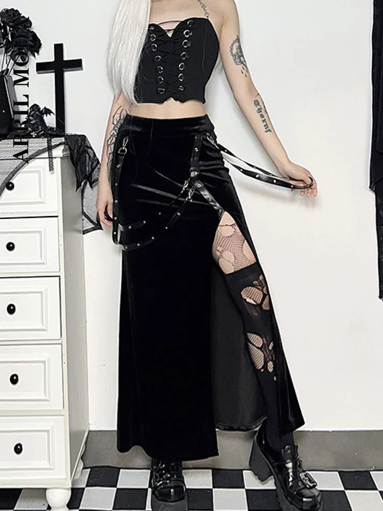 

Gothic Emo Velvet Midi Long Skirt Slim Fit Harejuku High Waist High Split Y2k Office Skater Bandage Sheath Party Black Skirts