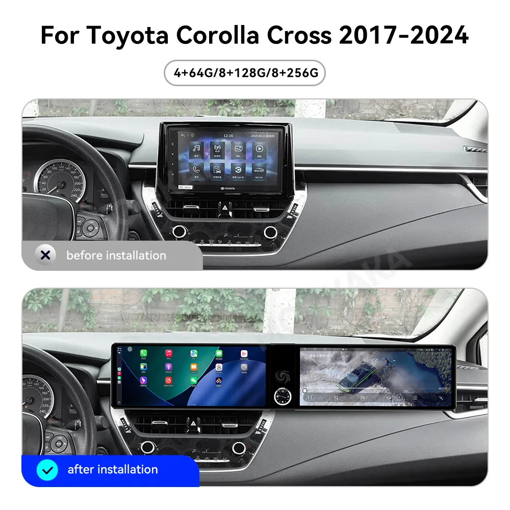Фото 24,6-дюймовый автомобильный радиоприемник Carplay для Toyota Corolla Cross 2017-2024 Android Auto стерео мультимедийный GPS-навигатор головное устройство двойной экран №2