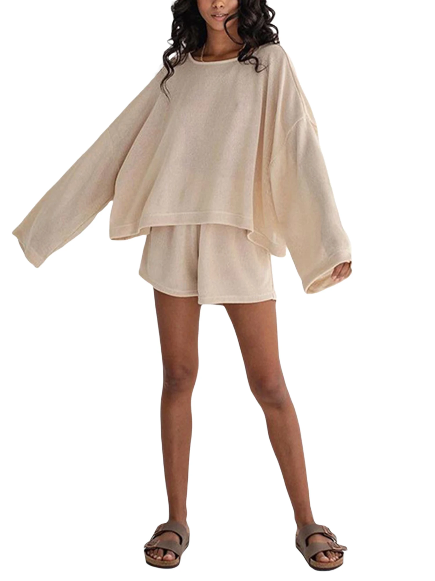 

Women s 2-Piece Pajama Set Cozy Loungewear with Solid Color Crew Neck Top and Shorts for a Relaxing Sleepwear Ensemble