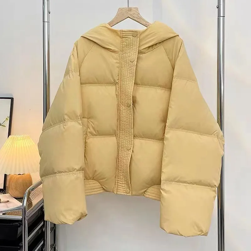 

Женский пуховик на белом утином пуху, с капюшоном, Желтый пуховик, зима 2023