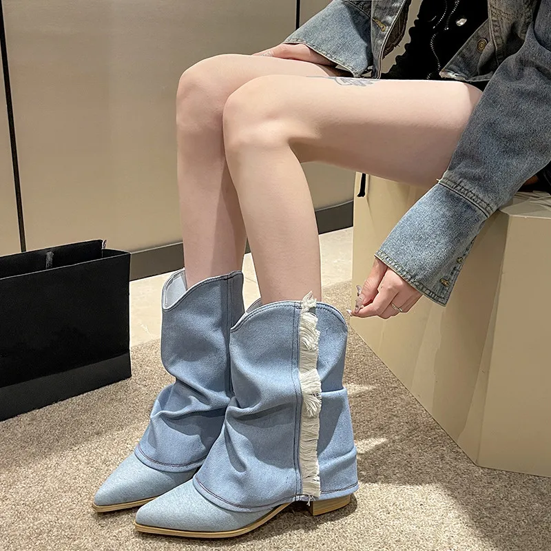 

Fashion Pleated Denim Ankle Boots Women Poined Toe Tassels Square Heels Short Boots Woman Autumn Med Heel Booties Mujer