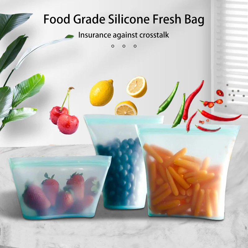 

8pcs/set Sealed Zipper Storage Bag Silicone Food Bag Kitchen Fruits Vegetables Snack Safe Storage Freezer Bags 500ml/750ml