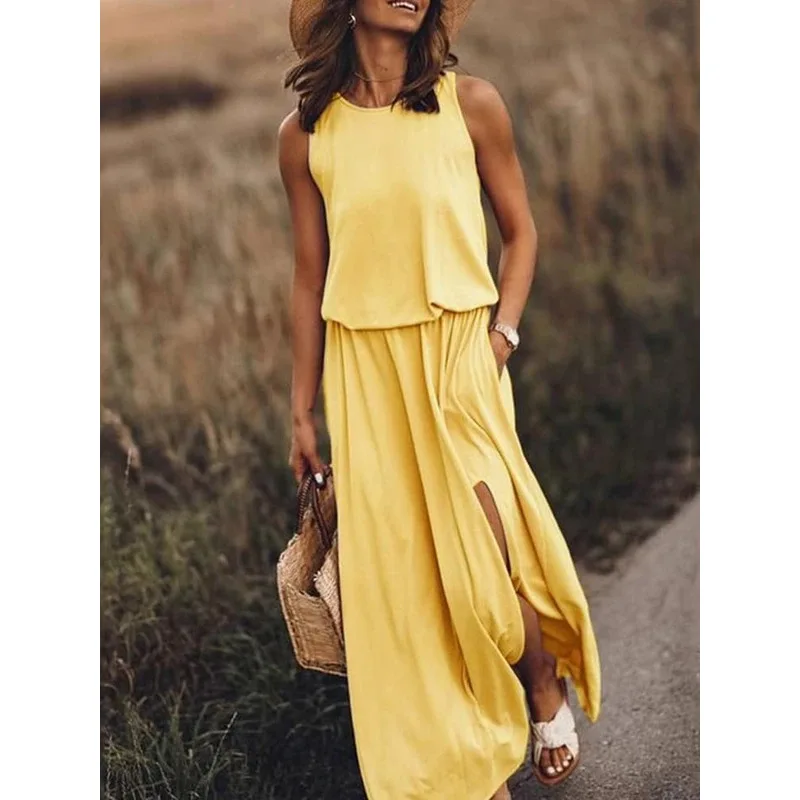 

Summer Casual Solid Long Dress Women Sleeveless Elastic Waist Side Slit Maxi Dresses Female O-Neck Loose Tank Dress Sundress