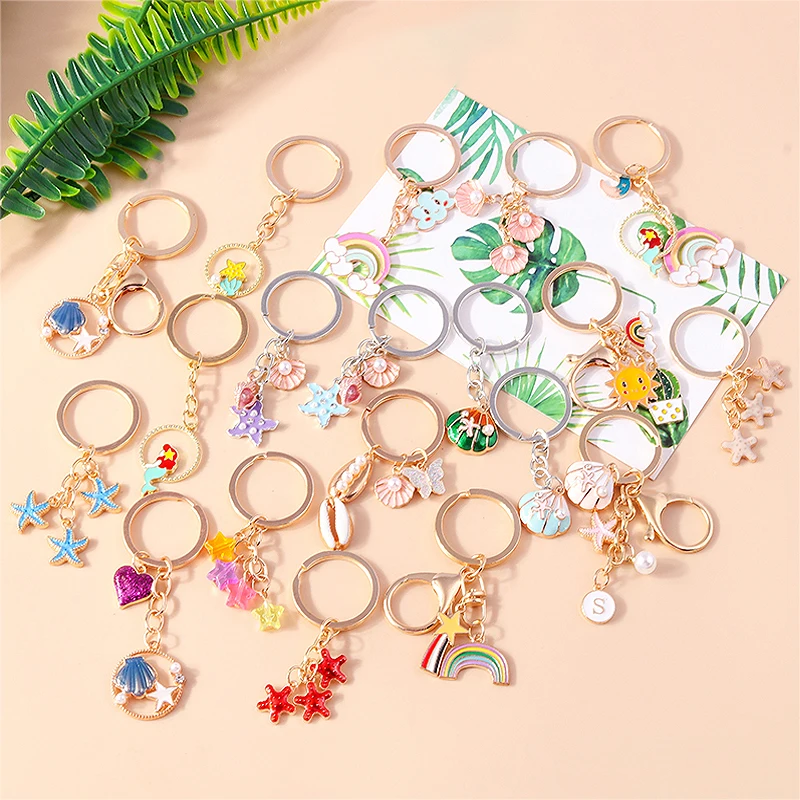 

Chic Rainbow Mermaid Starfish Shell Key Rings Summer Beach Keychains Souvenir Gifts Car Key Holder Handbag Pendants Accessories
