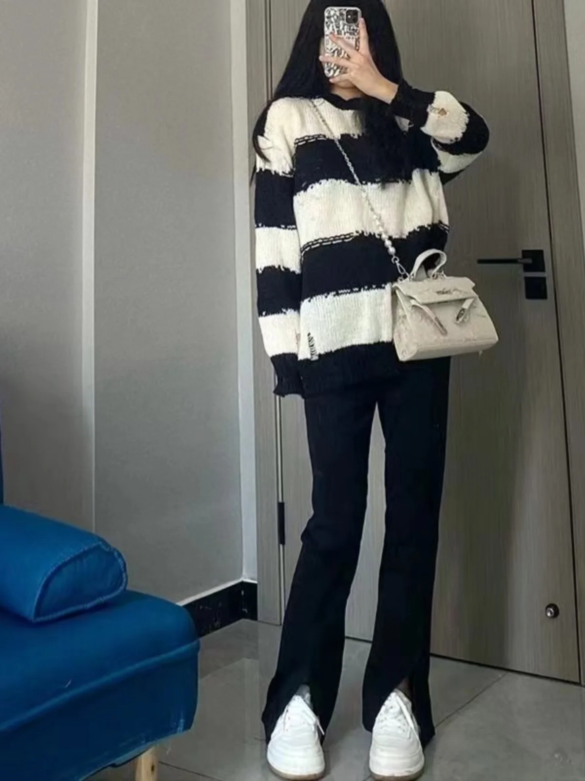 Женский вязаный свитер в полоску шикарный винтажный гонконгском стиле свободный