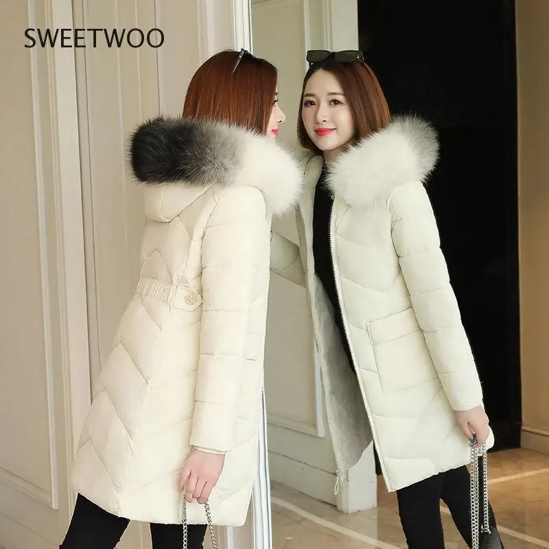 2020 Winter Jacket Women Parka Fur Collar Casual Hooded Slim Long Coat Fashion Female Jacket Cotton Padded Warm Outwear 8 Color