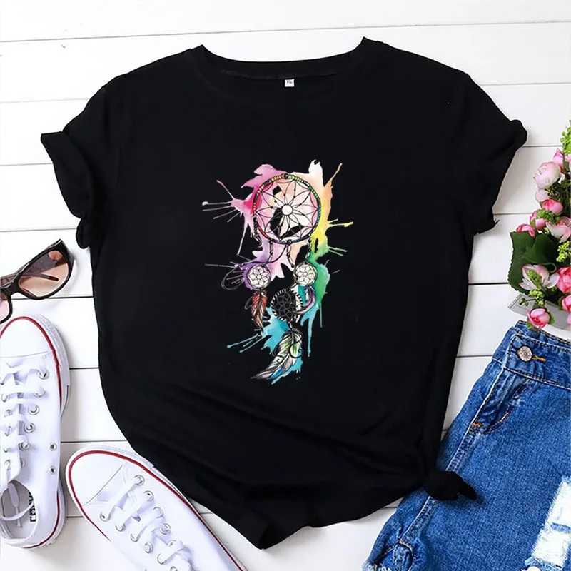 

Colorful Dreamcatcher Print T Shirt Women Summer Cotton Short Sleeve Women Tshirt Female Graphic Vintage Clothes Casual Tee Top