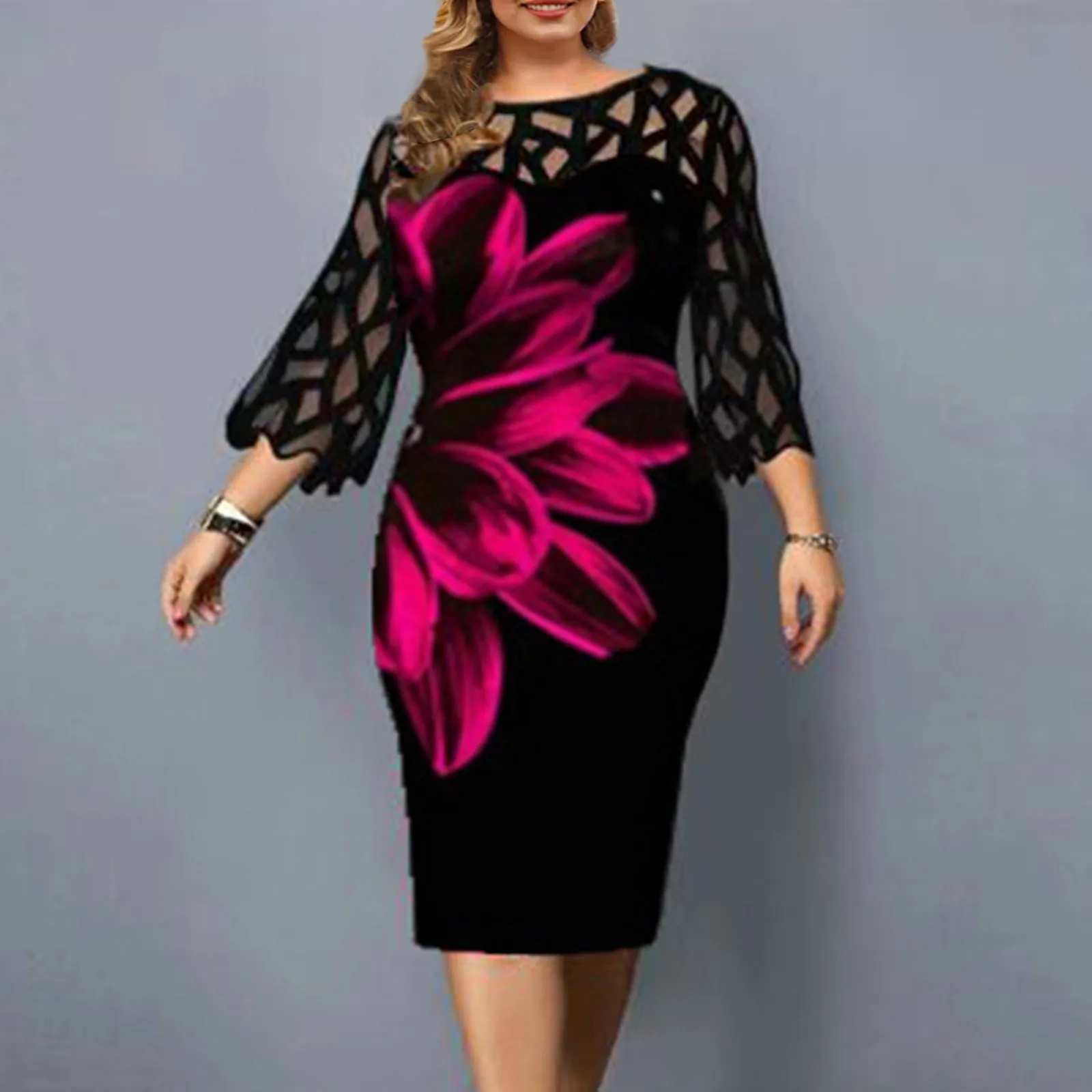 

Элегантное платье-карандаш с принтом для офиса, женское дизайнерское кружевное платье в стиле пэчворк с круглым вырезом и расклешенными ру...