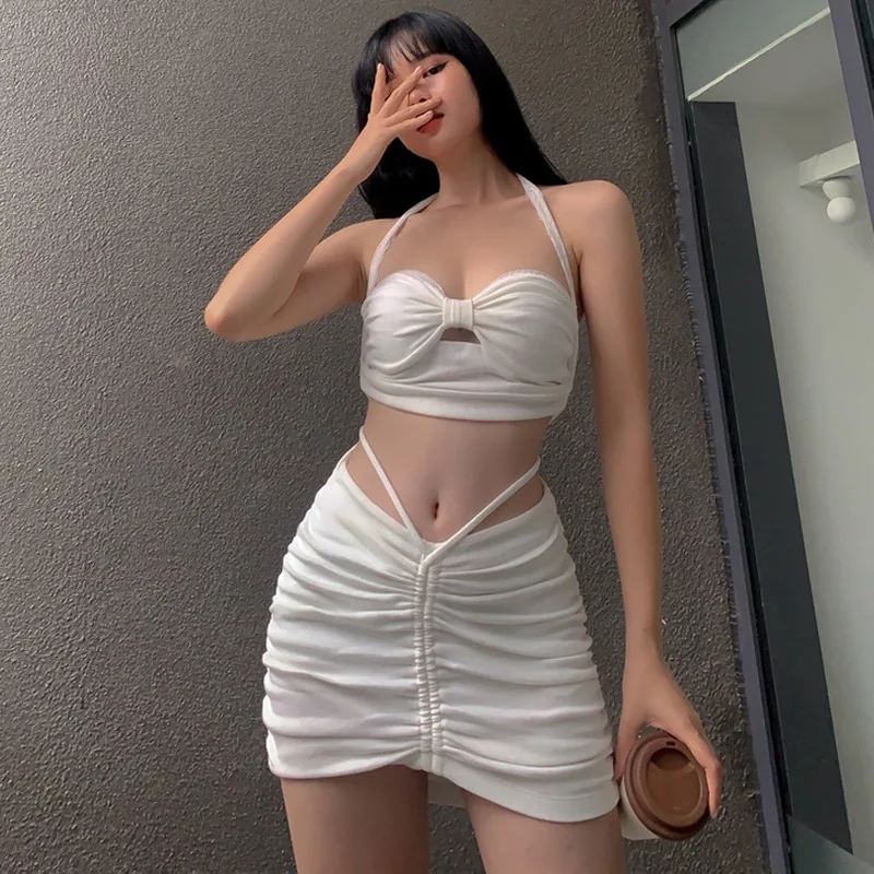 

Lairauiy Womens Skirt Set Halterneck Sleeveless Solid Color Crop Tops + Drawstring Ruched Mini Skirt Summer Clothing Outfit