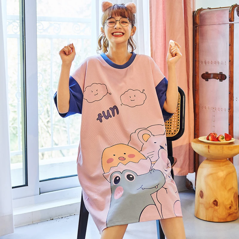 

Casual Cartoon Nightgowns Women Short Sleeve Night Dress 2021 New Summer Cotton Sleepwear Dress Female Pyjamas Plus Size Girl