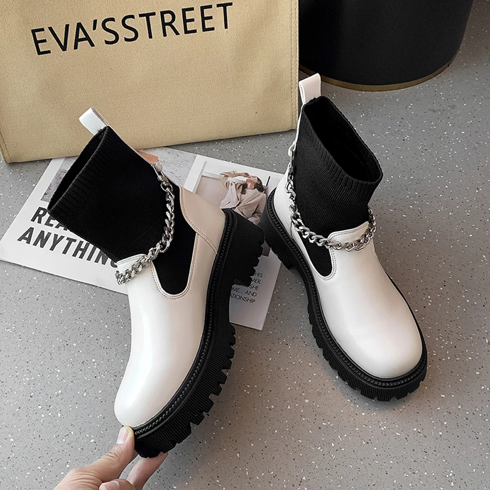 Knitted socks boots women's 2023 autumn new chain mid-tube elastic boots women's thick heel thick sole thin ankle boots ins tide