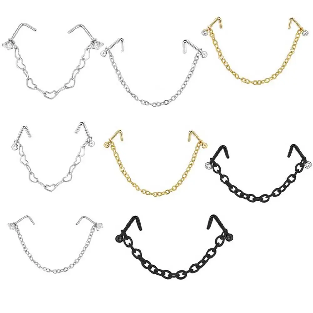 

Ball Rhinestones Love Heart Chain Stainless Steel Women Nose Stud Septum Rings Double Nose Chain Nose Piercing Ring