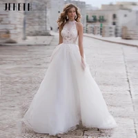 elegant halter wedding dress lace appliques top tulle boho a line with peal button back bridal gown 2022 vestido de noiva