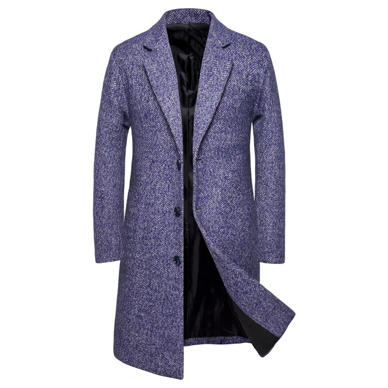 

Men's wool jacket autumn and winter warm jacket lapel mid-length blended windbreaker jacket twill button casual flannel jacket