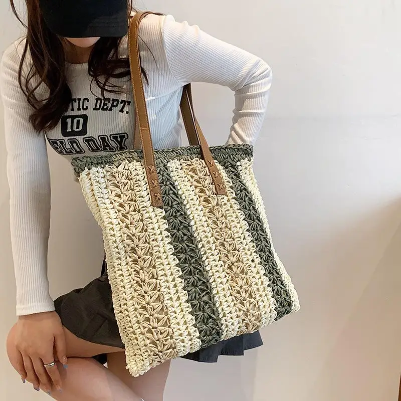 

Striped Straw Handbag for Women Hollow Beach Shoulder Bags Summer Big Tote Ladies Quality Underarm Bags Boho Top-Handle Bag Ins