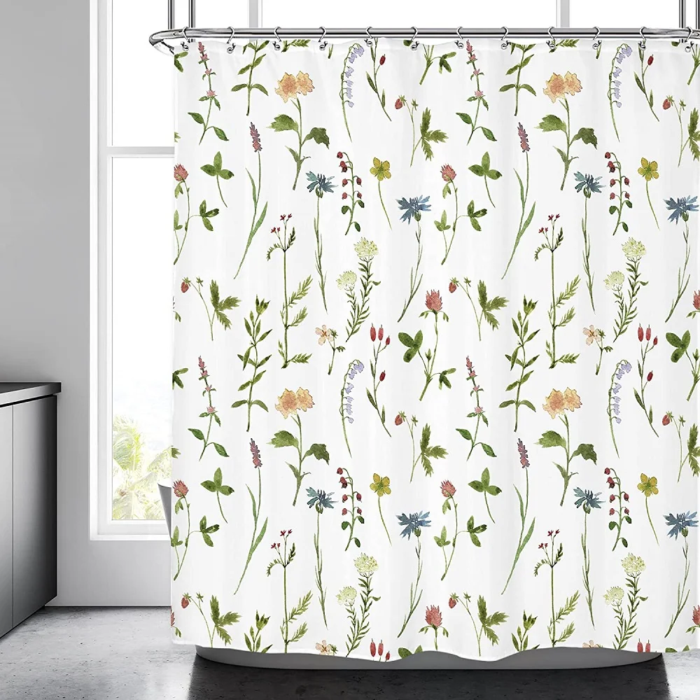 

Botanical Floral Shower Curtain Plant Green Leaves Flower Watercolor Herbs Decor Bathroom Bath Curtains Waterproof with Hooks